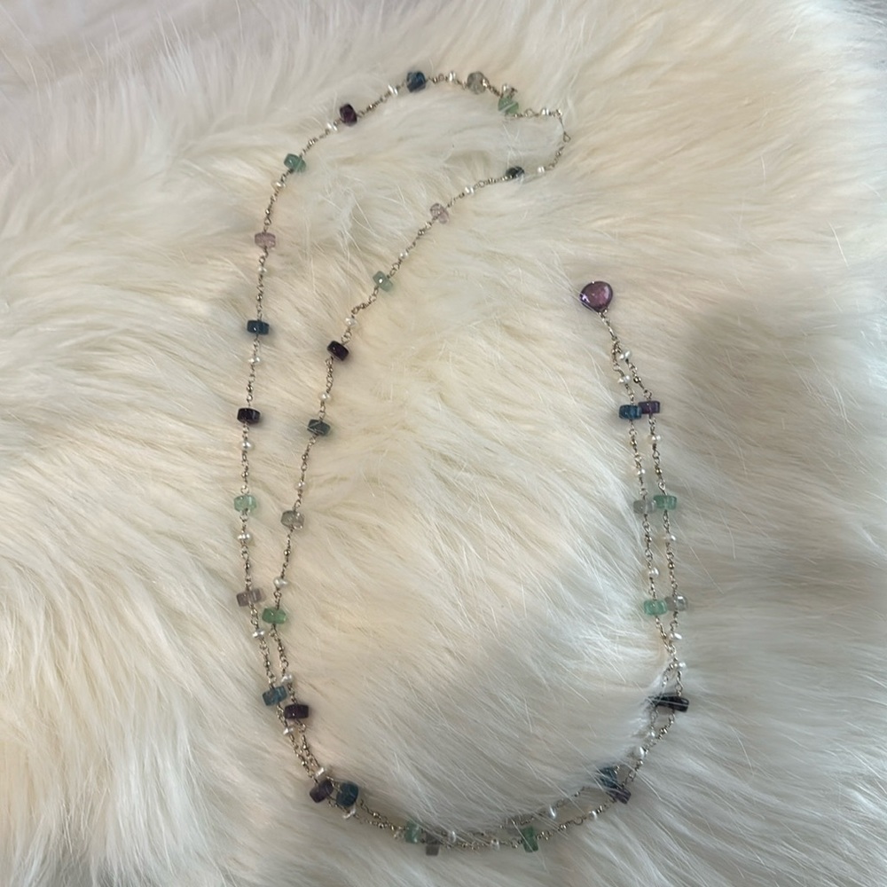 Exquisite hand made Tourmaline, pearl, amethyst sterling silver long necklace.
